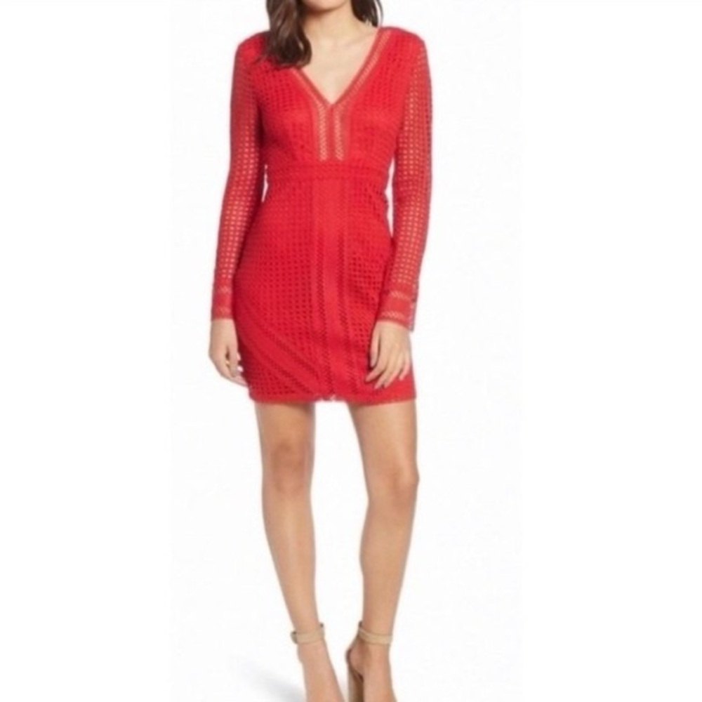 ASTR The Label Red Lace Bodycon Mini Dress Small S Long Sleeve Cutout Eyelet
